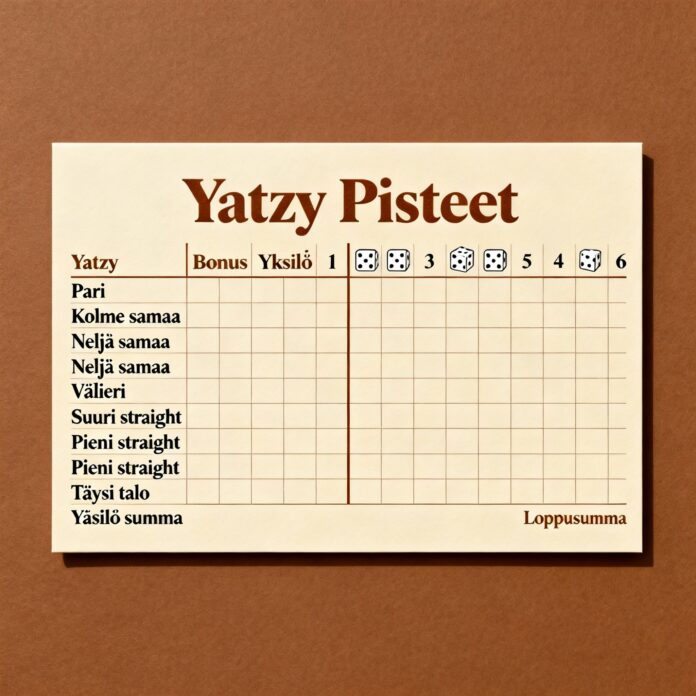 Yatzy bonus - noppapeli pisteetaulukko ja bonusmahdollisuudet